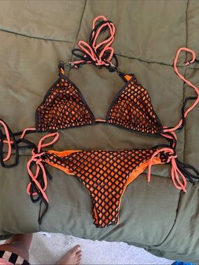Custom Women’s Orange & Black Fishnet Tie-Side Bikini Set